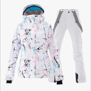 New NWOT White and Multicolor Ski Jacket and Pants Set